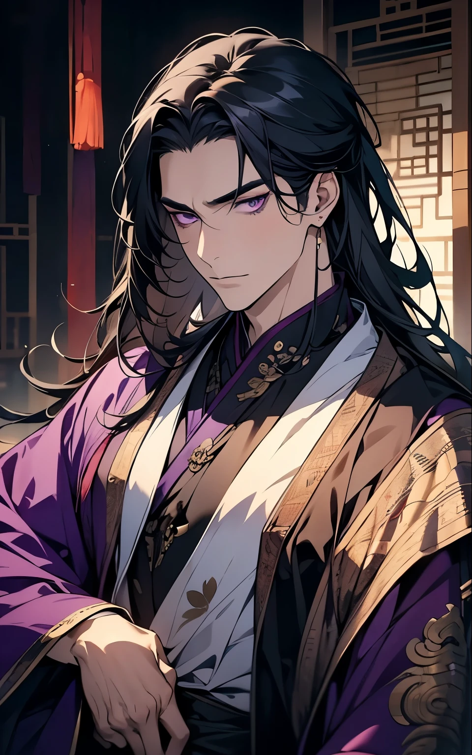 1 middle-aged man, (45 years old), long black hair, violet eyes, chinese clothes, (!PURPLE! clothes), available at purple chinese room, portrait