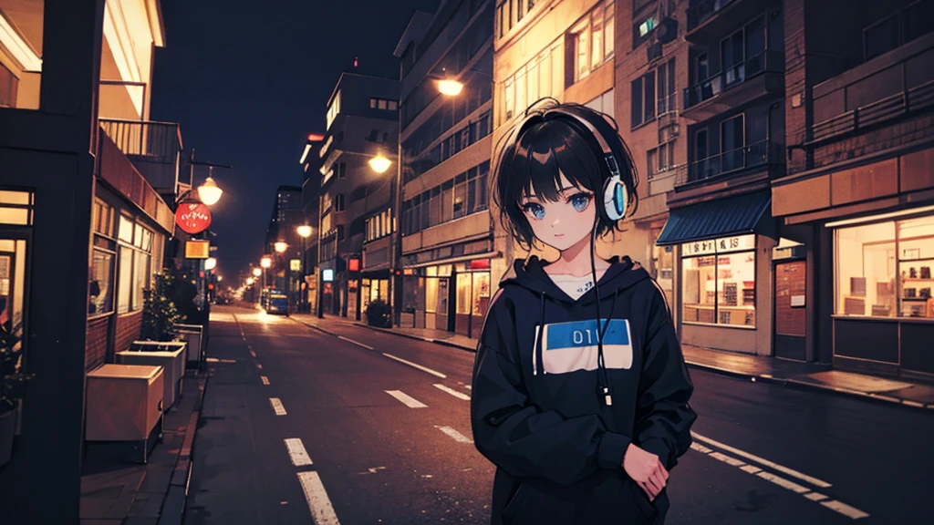 Black short Hair, Black Clothing, One Adult Woman Looking Sideways ,Blue headphones、 City of night, Delicate background、Masterpiece、Night Town、night、dark、Nostalgic、Unmanned stations