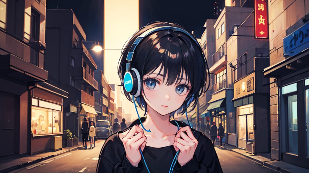 Black short Hair, Black Clothing, One Adult Woman Looking Sideways ,Blue headphones、 City of night, Delicate background、Masterpiece、Night Town、night、dark、Nostalgic、Unmanned stations