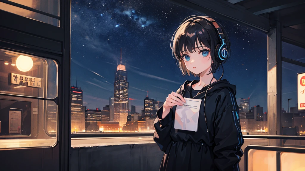 Black short Hair, Black Clothing, One Adult Woman Looking Sideways ,Blue headphones、 City of night, Delicate background、Masterpiece、Night Town、night、dark、Nostalgic、Unmanned stations