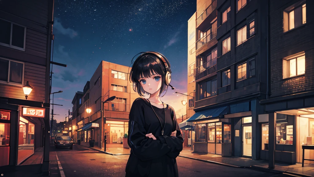 Black short Hair, Black Clothing, One Adult Woman Looking Sideways ,Blue headphones、 City of night, Delicate background、Masterpiece、Night Town、night、dark、Nostalgic、Unmanned stations