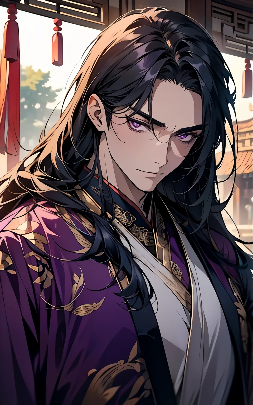 1 middle-aged man, (45 years old), long black hair, violet eyes, chinese clothes, (!PURPLE! clothes), available at purple chinese room, portrait