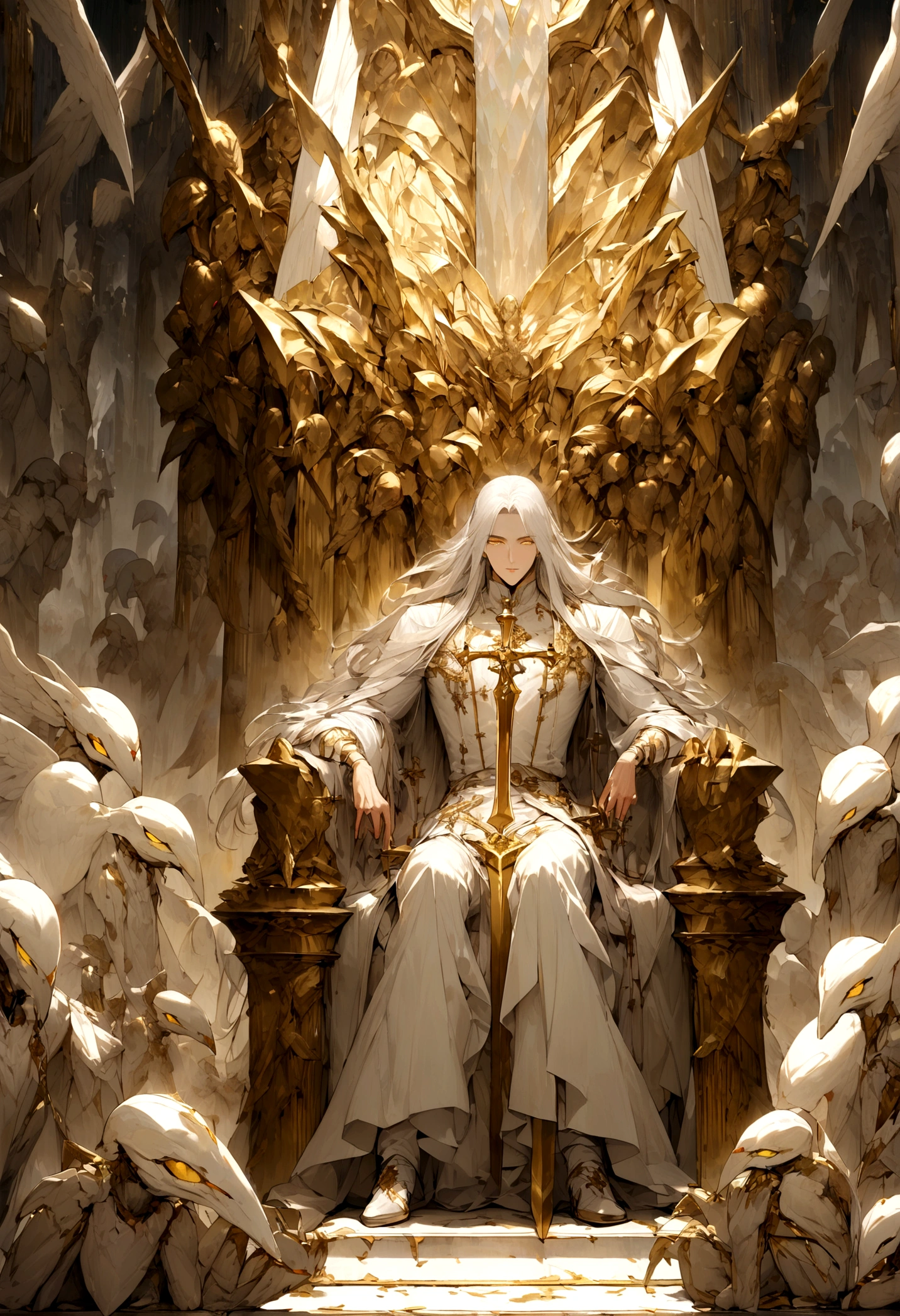 A handsome man with white long hair, golden eyes wearing a white long blouse, white shirt and white long pant sitting on a giant clear crystal throne. His two hands putting on a broadsword with golden cross sword hilt. Around he is a lot of humanoid cybernetic creatures like angels flying and blessing.
