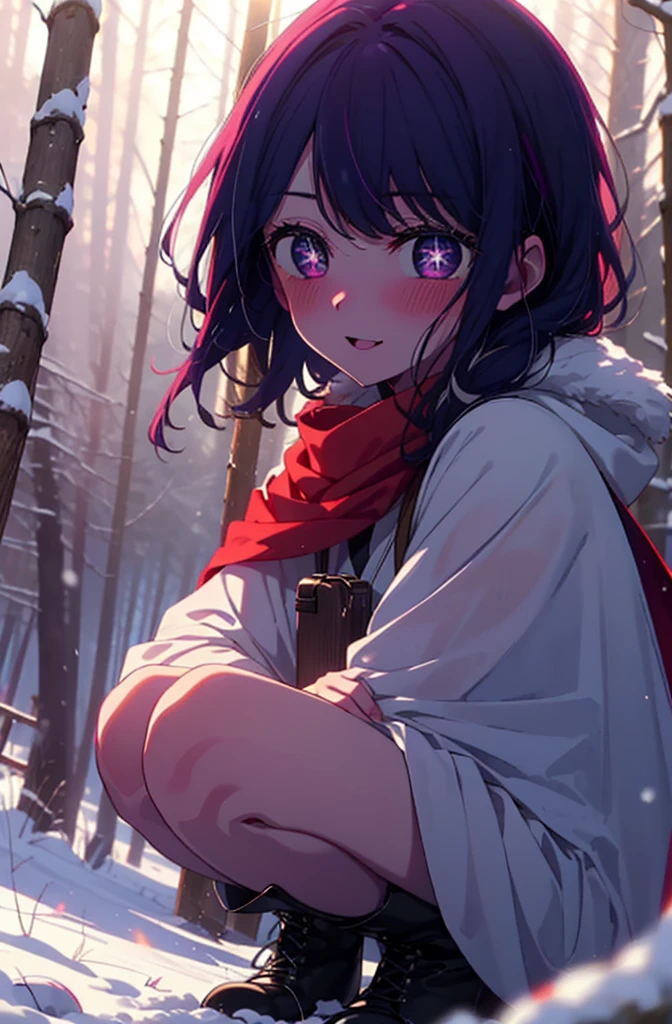 aihoshino, Ai Hoshino, Long Hair, bangs, (Purple eyes:1.1), Purple Hair, (Symbol-shaped pupil:1.5), smile,,smile,blush,White Breath,
Open your mouth,snow,Ground bonfire, Outdoor, boots, snowing, From the side, wood, suitcase, Cape, Blurred, , forest, White handbag, nature,  Squat, Mouth closed, Cape, winter, Written boundary depth, Black shoes, red Cape break looking at viewer, Upper Body, whole body, break Outdoor, forest, nature, break (masterpiece:1.2), Highest quality, High resolution, unity 8k wallpaper, (shape:0.8), (Beautiful and beautiful eyes:1.6), Highly detailed face, Perfect lighting, Highly detailed CG, (Perfect hands, Perfect Anatomy),