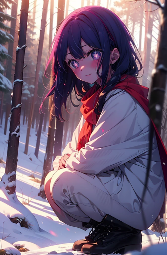 aihoshino, Ai Hoshino, Long Hair, bangs, (Purple eyes:1.1), Purple Hair, (Symbol-shaped pupil:1.5), smile,,smile,blush,White Breath,
Open your mouth,snow,Ground bonfire, Outdoor, boots, snowing, From the side, wood, suitcase, Cape, Blurred, , forest, White handbag, nature,  Squat, Mouth closed, Cape, winter, Written boundary depth, Black shoes, red Cape break looking at viewer, Upper Body, whole body, break Outdoor, forest, nature, break (masterpiece:1.2), Highest quality, High resolution, unity 8k wallpaper, (shape:0.8), (Beautiful and beautiful eyes:1.6), Highly detailed face, Perfect lighting, Highly detailed CG, (Perfect hands, Perfect Anatomy),