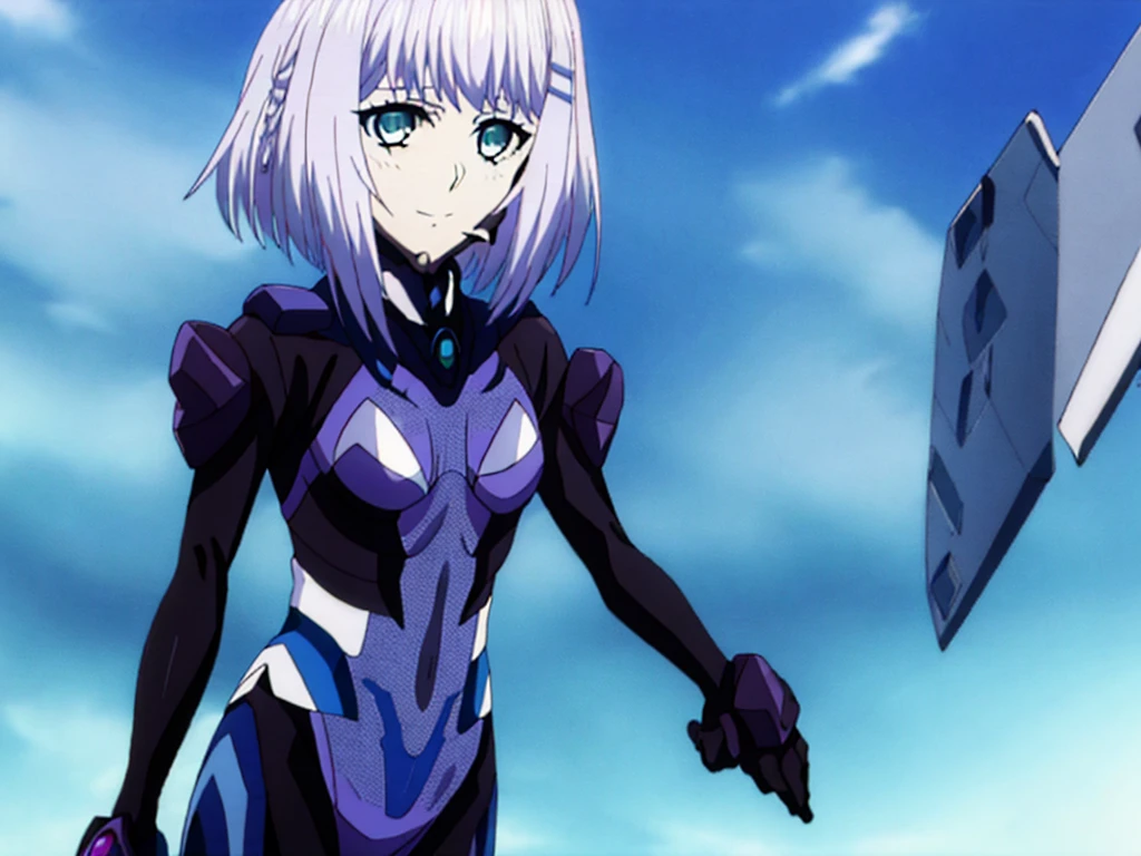 2girls, multiple girls, two female characters, half-siblings, dual persona, height difference, crossover, friends, anime style, 4k quality, masterpiece, best quality, "Kanase Kanon blue eyes, White hair, side braid, braid, blue ribbon, hair ribbon, medium hair, small breasts, neatfigure, teenage girl, Height 158 cm", "Tobiichi Origami white hair, short hair, blue eyes, hairclip, beautiful eyes, detailed eyes, small breast, height 152 cm ", adopted costume, cosplay, fortified suit, bodysuit, pilot suit, fortified suit, ((shiny clothes)), ((blue :1.3) plugsuit), ((black :1.3) armored), glossy, pilot suit, armored bodysuit, impossible clothes, impossible bodysuit, headgear, interface headset, chin protector, The suit's chin guard is notably absent in Alternative's anime adaptation, smile, closed mouth, standing, face-to-face, looking at another, holding hands,