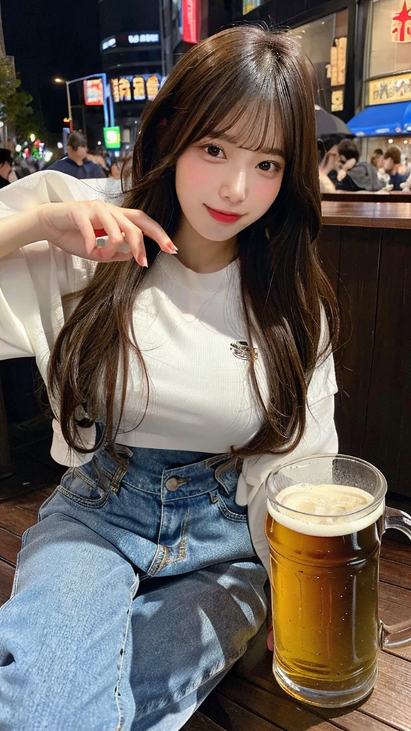 Realistic , photorealistic , masterpiece , best quality , super quality , ((ultra detailed)), extremely detailed , highers , Raw Photo , 16k portrait , curvy , mysterious , full body , semilong hair , ultrahappy , (beer) , casual , Side angle , (Stick out your tongue) , Sitting