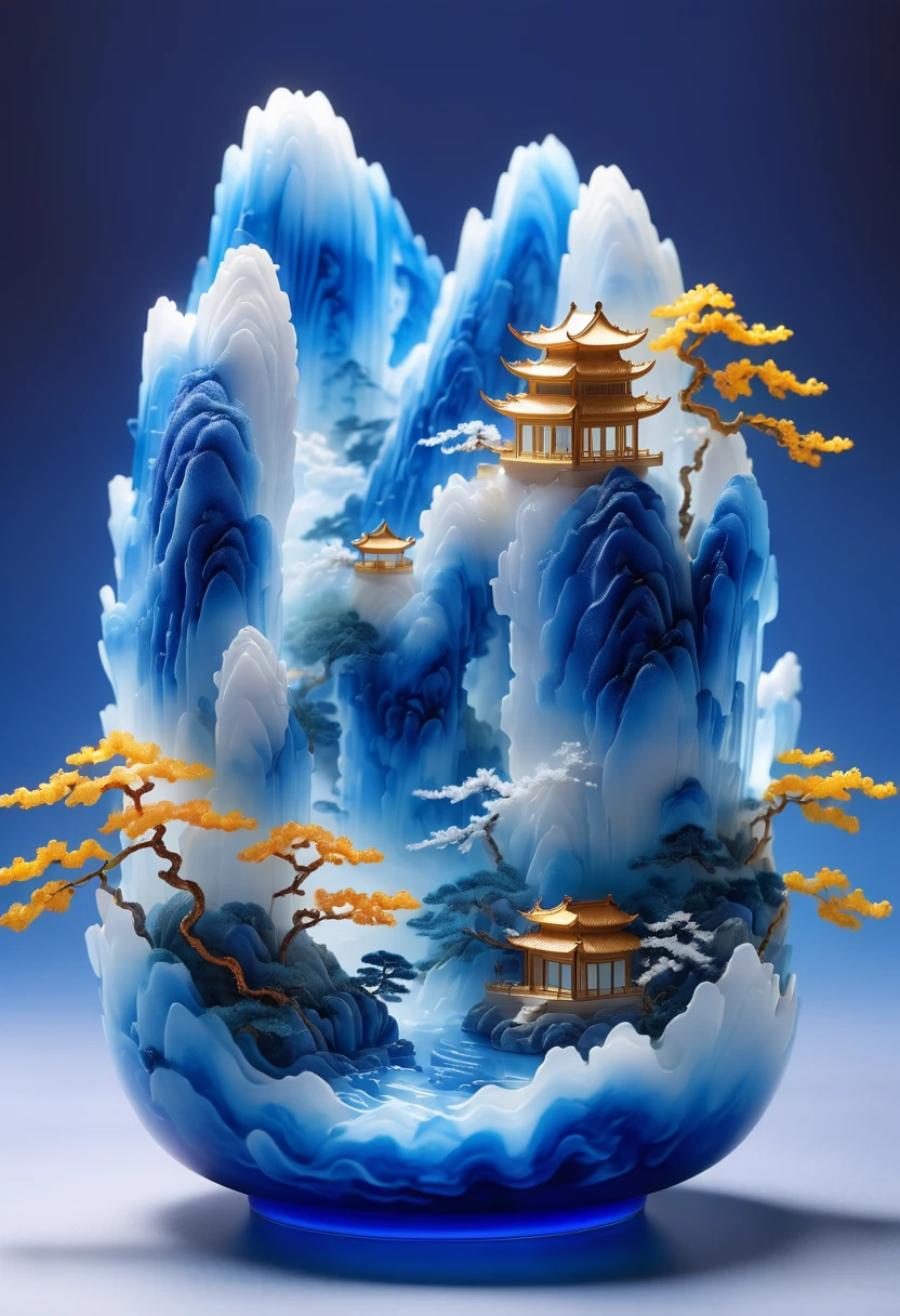 Micro landscape design carved on blue and white porcelain vase,Translucent glass material,Blue-white gradient,Traditional Chinese landscape painting,Abstract shapes,Minimalism,Cave,,3d,Thick smoke