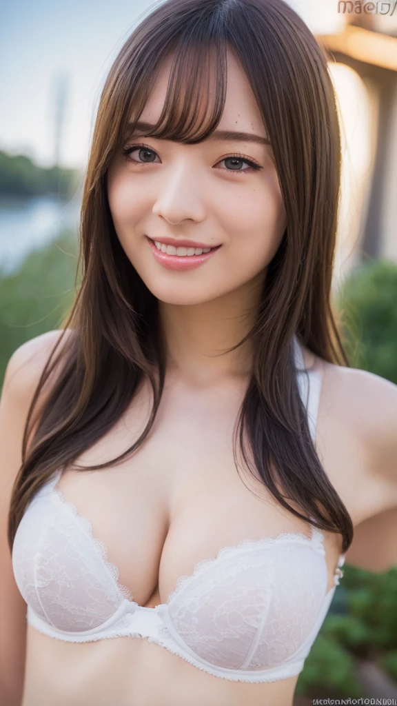 (8k, best quality, masterpiece:1.2), (realistic, photo-realistic:1.37), ultra-detailed, 1 girl,cute, solo,beautiful detailed sky,dating,(nose blush),(smile:1.15),(closed mouth),(large boob:1.2) big breasts, half body, half of body, white bra