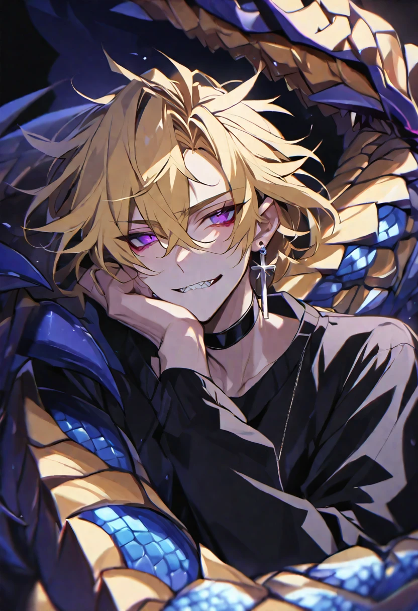 Solo, handsome, doragon,
1. male,
hair between eyes,Straight Hair,short Hair, 
blonde hair, 
Hot and cold,
purple Eyes,Soft look,beautiful,Sexy,Darkness,Lots of silver earrings,choker,skin,
Dragon Scale,,Jagged teeth,Cheek resting on hand,
Black long sleeve,Black Outerwear,Cross Necklace,
black  background,