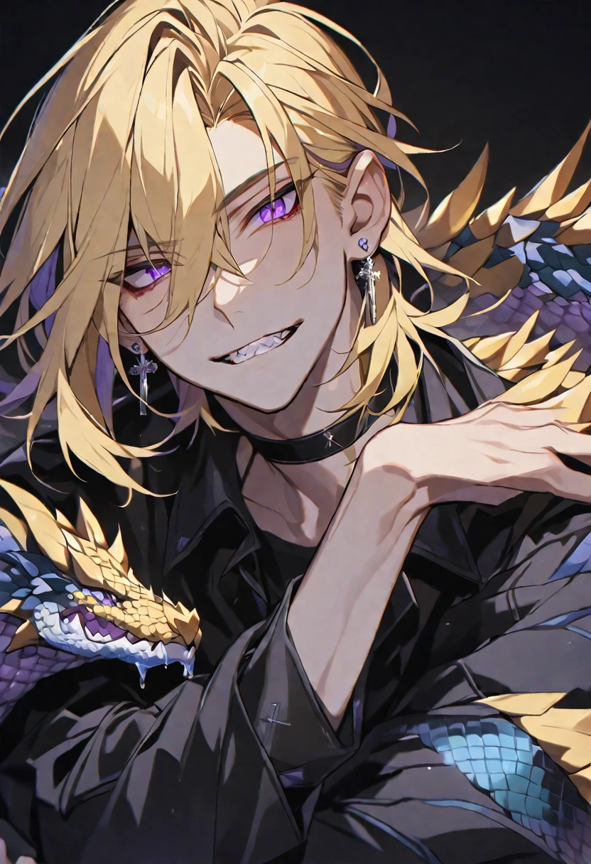 Solo, handsome, doragon,
1. male,
hair between eyes,Straight Hair,short Hair,
blonde hair,
Hot and cold,
purple Eyes,Soft look,beautiful,Sexy,Darkness,Lots of silver earrings,choker,skin,
Dragon Scale,,Jagged teeth,Cheek resting on hand,
Black long sleeve,Black Outerwear,Cross Necklace,
black background,