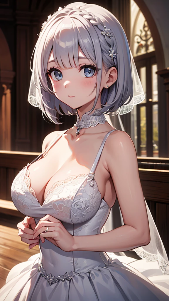 Ultra-high resolution,masterpiece, Attention to detail, Highest quality, 4K,(Silver braided short bob),(well endowed,Captivating body、Ultra-detailed skin、Beautiful eyes、Detailed Background),1girl、(Wedding dress)