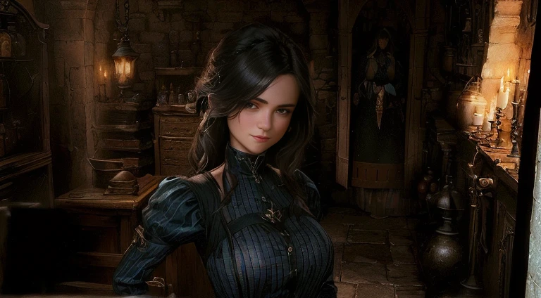 A woman is standing in the room, she is in the potions workshop, Human character with a smile, Female characters, highly Meticulous characters, Sultry expression, a somber look, Exhausted、Uneasy expression, cattie - Bree of Mithril Hall, Close-up characters, Meticulous characters, Longing expression, Portraits, Businesswoman girl