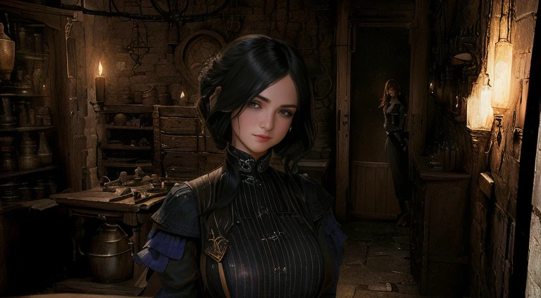 A woman is standing in the room, she is in the potions workshop, Human character with a smile, Female characters, highly Meticulous characters, Sultry expression, a somber look, Exhausted、Uneasy expression, cattie - Bree of Mithril Hall, Close-up characters, Meticulous characters, Longing expression, Portraits, Businesswoman girl