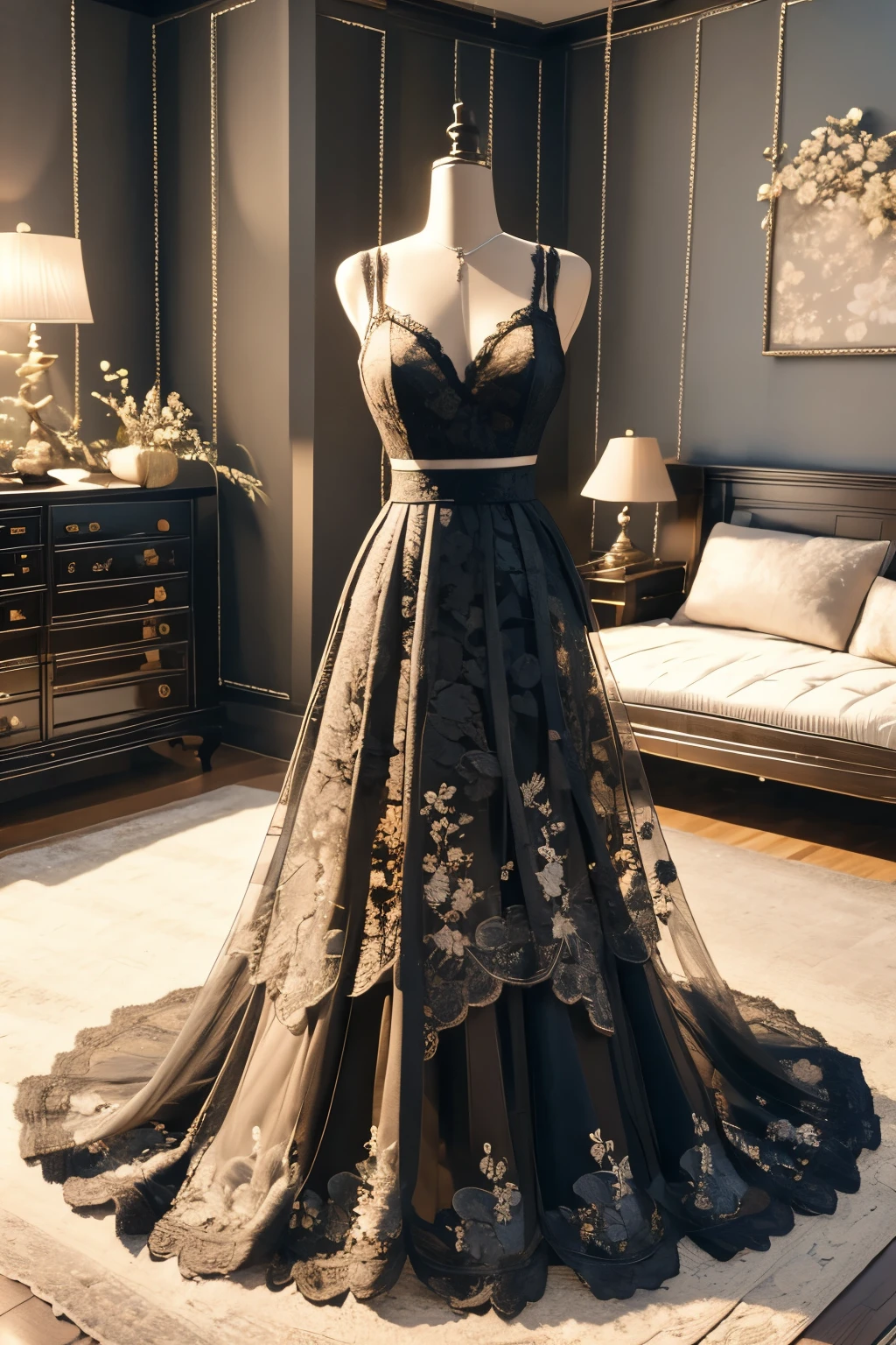 Black laceで出来た晚礼服, Beautiful lace evening dress, Lace lingerie for room decoration, indoor, Black lace, Very delicate lace, best quality:1.2, 4K, 8K, Very detailed, High Detail, masterpiece:1.2,, Ultra wide angle