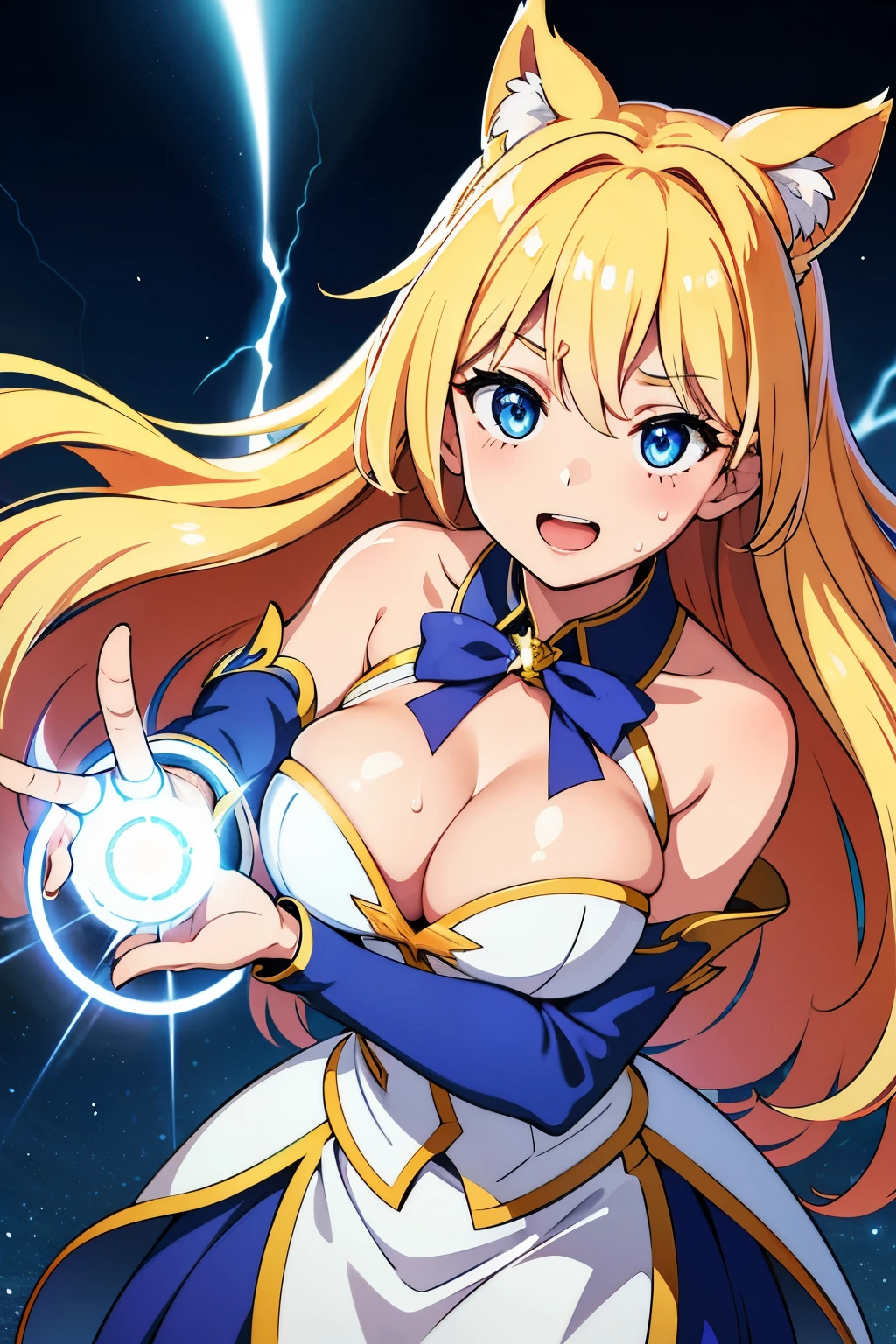 ((Highest quality)), ((masterpiece)), (detailed), One girl, sexy、Magical girl、Lori、Firing lightning magic、Blonde、Long Hair、Fluffy hairstyle、Big Breasts、flying、Night Sky、Pointing the finger、smile、Mouth open、Lightning is falling、Eyes are shining、Jewelry on the chest、Big ribbon on head、I can see her cleavage、Shiny skin、Sweat in the chest、Rays of light shoot out from his fingers、Gold and blue clothes、Showing teeth、