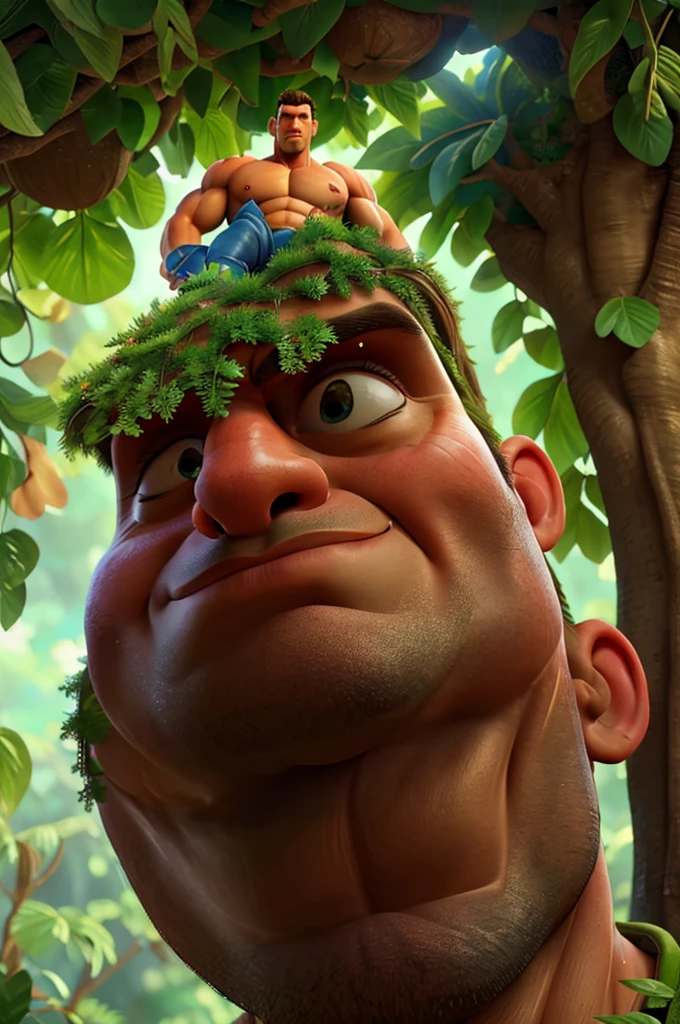 A giant muscular man, extremely detailed highly realistic portrait, climbing down an enormous beanstalk, lush green vines, detailed foliage, dramatic lighting, cinematic composition, fantasy, vibrant colors, 8k, best quality, photorealistic