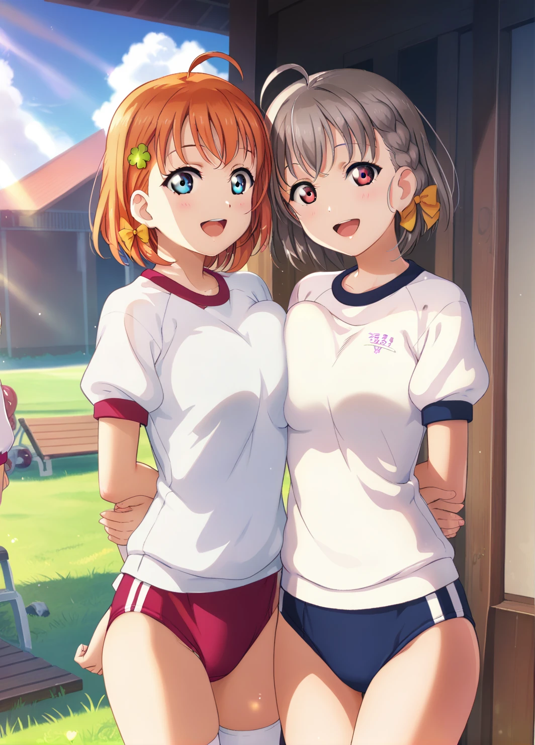 breasts, looking at viewer, blush, smile, short hair, open mouth, bangs, blue eyes, multiple girls, brown hair, shirt, hair ornament, red eyes, thighhighs, bow, 2girls, medium breasts, standing, white shirt, braid, ahoge, short sleeves, :d, hair bow, grey hair, thighs, outdoors, sky, day, cloud, orange hair, blue sky, arms behind back, thigh gap, sunlight, grass, breast press, side braid, yellow bow, gym uniform, buruma, gym shirt, red buruma, clover hair ornament, watanabe you, takami chikai'