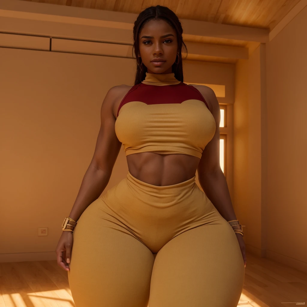 Mulher incrível usando um beige spandex with red numa academia de ginástica, art with bright lighting, 4k artwork, wide-angle, (beige spandex with red), hyper realistic skin texture, drops of sweat by the body
