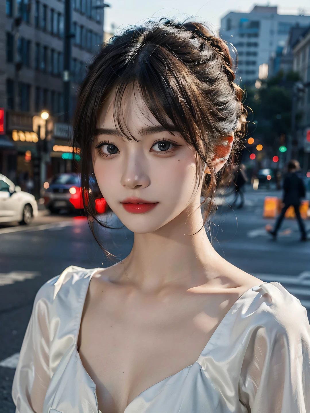 1girl, (looking at viewer:1.2), detail face, (a girl standing, rending on cgsociety, black shadows, streaming, new york backdrop), romanticism, atmospheric, (RAW photo, best quality), (realistic, photo-realistic:1.3), masterpiece, an extremely delicate and beautiful, extremely detailed,Hair in a bun，Wear delicate earrings， D cup，Cleavage，Semi-transparent deep V silk dress1.5，Exquisite eye details，Shy smile 1.5，