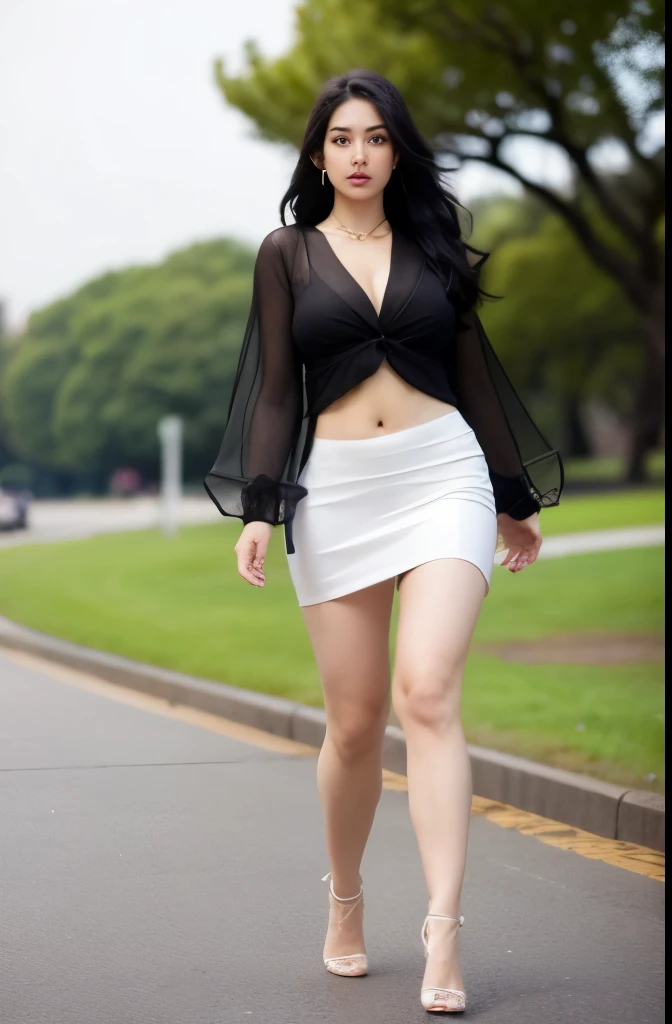 (masterpiece:1.3), (8 thousand, realistic, RAW photos, best quality: 1.4), (1 woman),(sheer silk blouse), (short skirt), (양쪽 다리에 짙은색 realistic 팬티 스타킹), ( wearing Very sexy transparent Ultra-realistic thighhighs), (Wearing high heels on both feet), (full body shot), (outdoors in sunny weather), (walking like a model), (Beautiful makeover), (very beautiful body) , (Realistic and very beautiful face), (long eyelashes), (double eyelid), (Very beautiful eyes, realistic and delicate), (big bust) , (Strong body through exercise), (beautiful abs), (Beautiful heaps), (tall), (realistic face), (black hair. parted, long hair:1.3), (아름다운 parted스타일), (realistic and beautiful skin), (absurd), (attractive), (ultra high resolution), (extremely realistic), (very detailed), (golden ratio), (Two long, realistic and beautiful legs), (realistic 팔), (necklace), (earring),(beautiful nails manicure), (So beautiful and sexy), (perfect secretary look)