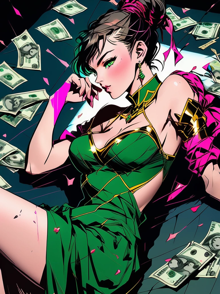 lying on a blood-stained bed with dollar bills and diamonds scattered across the bed, girl sexy Guku + Chun-Li, with stunning neckline, black and pink strapless dress, seductive green look, in full HD 8k photo realism, strong lines with lots of details...