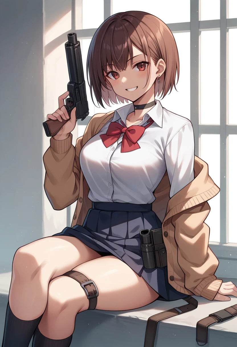 takeba_yukari, 1girl, holster, thigh_holster, choker, solo, skirt, brown_hair, smile, cardigan, brown_eyes, looking_at_viewer, crossed_legs, shirt, jewelry, school_uniform, earrings, thighs, sitting, bow, bangs, short_hair, blush, white_shirt, thigh_strap, pink_cardigan, collared_shirt, clothes_lift, holstered_weapon, breasts, red_bow, black_skirt, white_choker, skirt_lift, long_sleeves, collarbone, weapon, socks, grin, gun, dress_shirt, bowtie, gekkoukan_high_school_uniform, red_bowtie, lifted_by_self, white_background, open_clothes