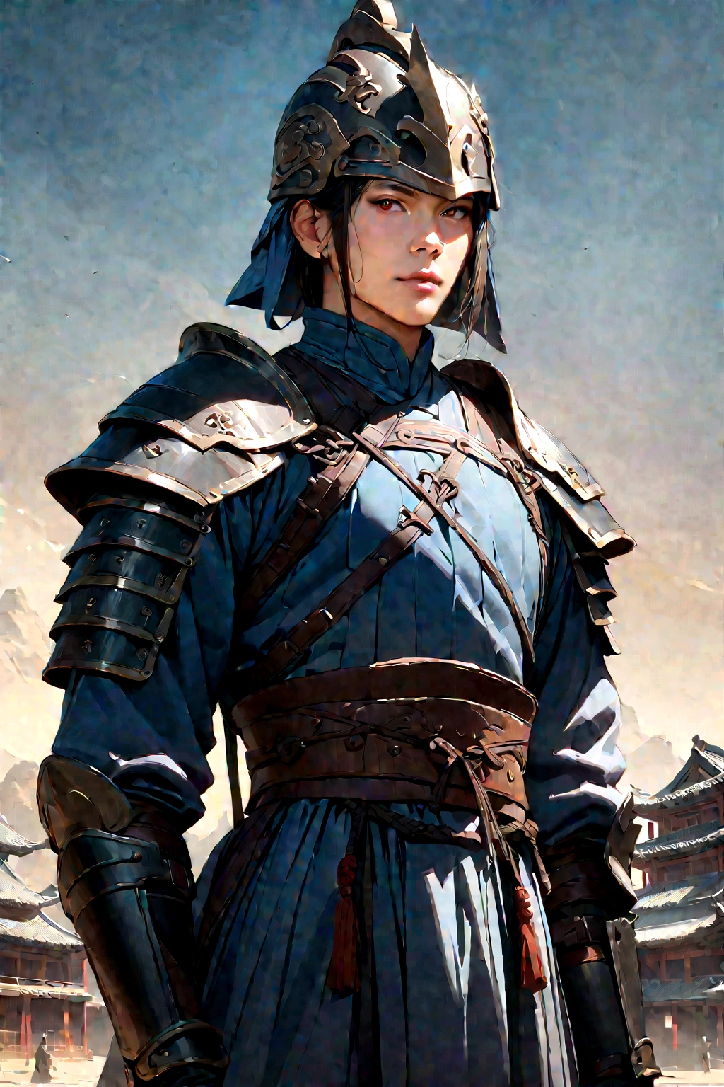 25 year old Chinese man,middle aged man,realistic,chinese_Armor,alone,Background of ancient chinese cities,detailed_eye,shoulder_Armor,helmet,(검은 eye),looking at viewer,(masterpiece:1.2), (best quality:1.2), perfect eye, perfect face, perfect lighting, (8K),(complete anatomy), Nee Shot