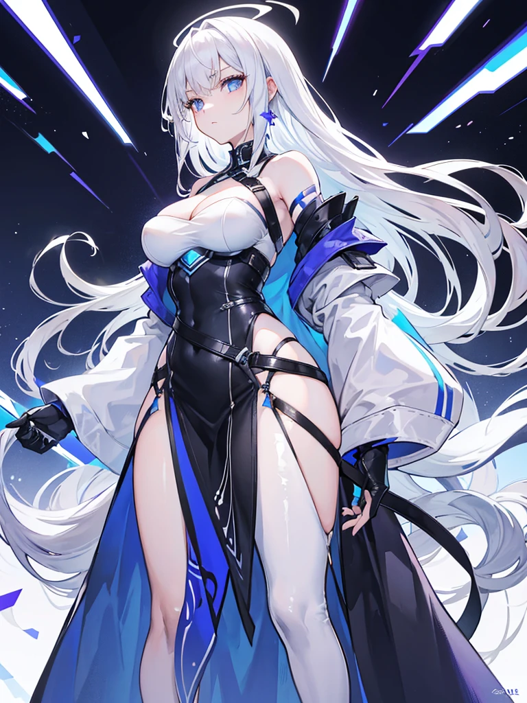 a young woman with shoulder-length, wispy white hair that gently frames her face, giving her a soft, ethereal appearance. Her eyes are a striking lavender, conveying a sense of mystery and depth. She wears a layered outfit consisting of a long white dress with a subtle shimmer, suggesting a silky texture, and a hint of a dark, form-fitting bodice peeking through the neckline and cleavage. Over this, she has a large, open-fronted coat with oversized sleeves, the coat's interior and cuffs are adorned with pale blue accents and silver trim, giving a regal and slightly otherworldly effect. She carries a large, black weapon slung over her shoulder; the weapon has a futuristic design with a sleek profile, suggesting advanced technology or magic. Her overall demeanor is confident yet approachable, and she stands straight, her posture commanding but not aggressive. The background should be a neutral gradient to keep the focus on her, evoking a sense of calm and stillness." 8K Ultrasharp