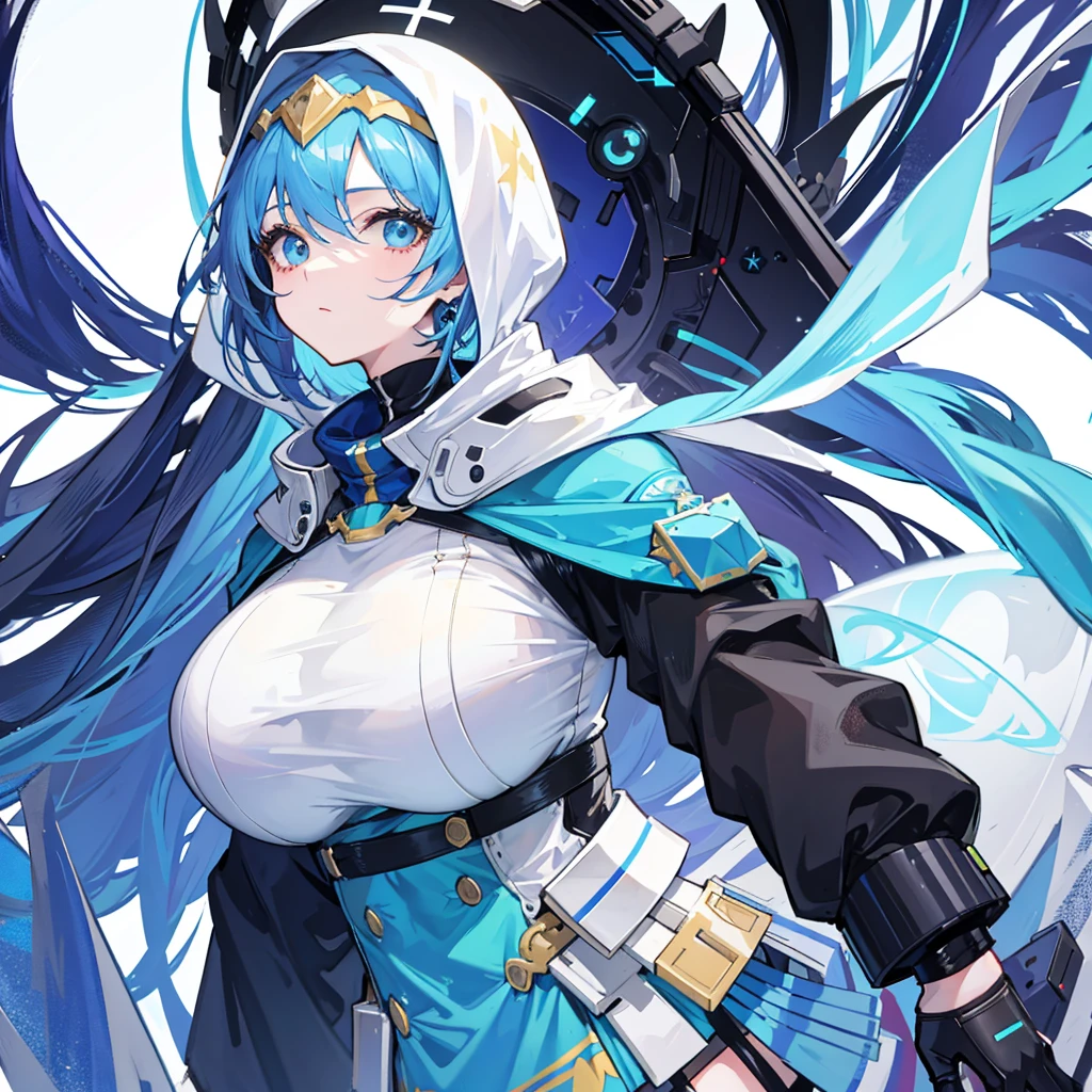 One huge breasted girl，solo，Pentacephalus，Small man，light blue hijab，Black Officer&#39;s Cap，The black policeman opened his coat.，polite smile，Blue Eye Color，Eagle，Sky Sky，[White background 1：：5]，(Full Body Lesbian)，2D Style，Game stand up drawing style