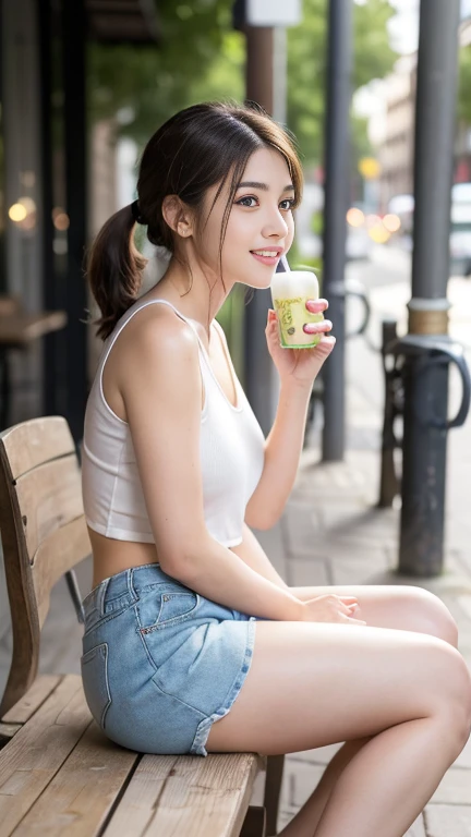 (RAW Photos), (Realistic), (masterpiece), (Highest quality), High resolution, 8K,(Volumetric Light), woman, Age 25, Short Ponytail, Straight hair, Layered Hair, Brown Hair, Very beautiful eyes, Source order, Very thin eyebrows, Very fine skin, Very beautiful mouth, Very nice nose, Cute like an idol,A smile showing white teeth, (Thick lips), (Looking at the audience), (printing-Sri-B,Cotton shorts),( Sitting on a chair in an outdoor cafe drinking juice),(From the whole body to the toes:1.3),(Side Shot),(Cowboy Shot),(Natural pose),(Bold Pose),Put your right hand on your knee,(drink juice with left hand),(Side view:1.3),