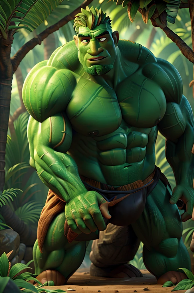 a giant muscular jungle man, extremely detailed face and body, huge bulging veiny muscles, ripped abs, powerful stance, intense facial expression, jungle environment, lush foliage, tropical plants, sunlight filtering through leaves, photorealistic, cinematic lighting, high contrast, rich color palette, dramatic shadows