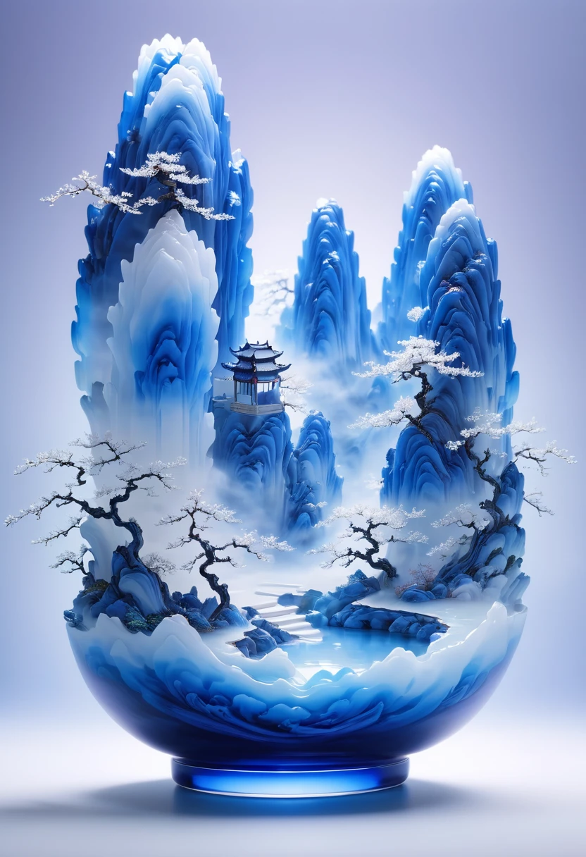 Micro landscape design carved on blue and white porcelain vase，Translucent glass material,Blue-white gradient,Traditional Chinese landscape painting,Abstract shapes,Minimalism,Cave，3d。water vapor，White mist，Heavy fog，