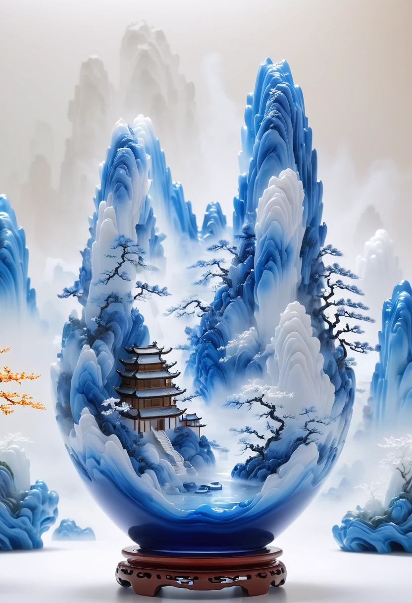 Micro landscape design carved on blue and white porcelain vase,Translucent glass material,Blue-white gradient,Traditional Chinese landscape painting,Abstract shapes,Minimalism,Cave,3d。water vapor,White mist,Heavy fog,