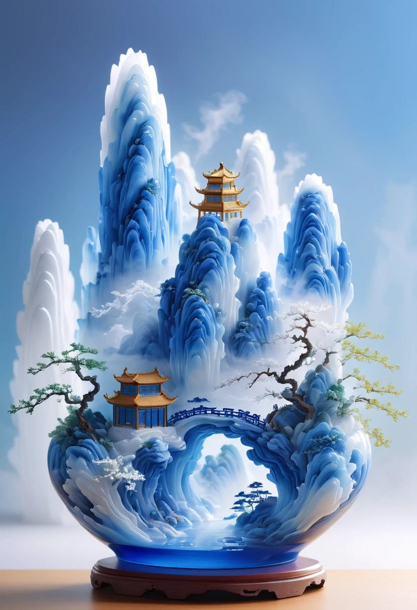 Micro landscape design carved on blue and white porcelain vase，Translucent glass material,Blue-white gradient,Traditional Chinese landscape painting,Abstract shapes,Minimalism,Cave，3d。water vapor，White mist，Heavy fog，