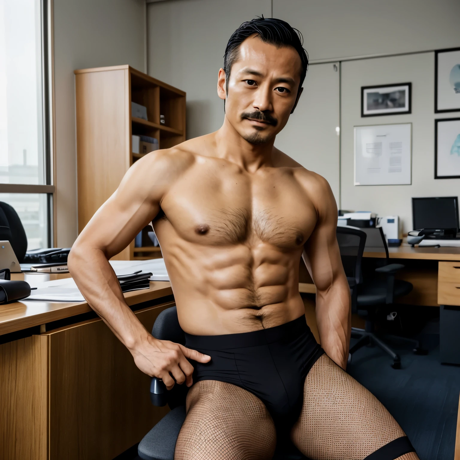 40 years old,Hidetoshi Nakata,(Kogoro Mori 1.3),male,Topless,Densely hairy,Bright,Raised,Fortitude,office,Suit,Tights,whole body,Fortitude,HD,With a mustache,Black socks,