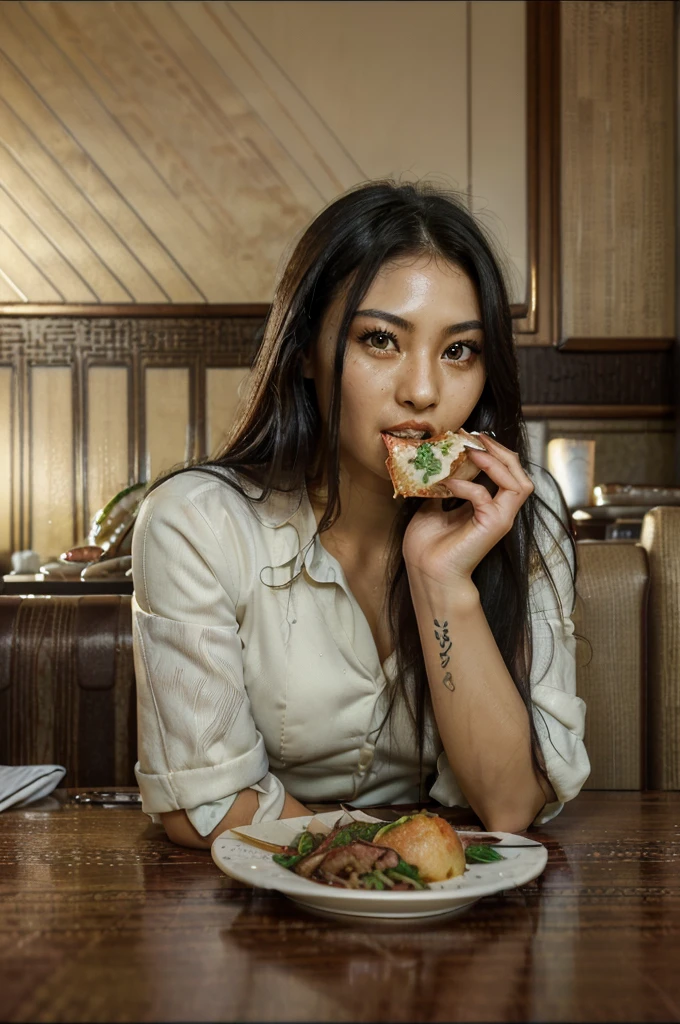 photorealistic, best quality, (hyper detailed: 1.4), (((eating in the restaurant:1.5))), long distance shot, ((great body:1.5)), photosession, green eyes, dark black hair, Detailed eyes, ((wearing:1.5)). beautiful young asian woman, (Highly detailed face:1.4), smile. exuding a natural glow, soft lightning, evening time, restaurant view, jaw-dropping beauty, sexy, seductive, vivid colors