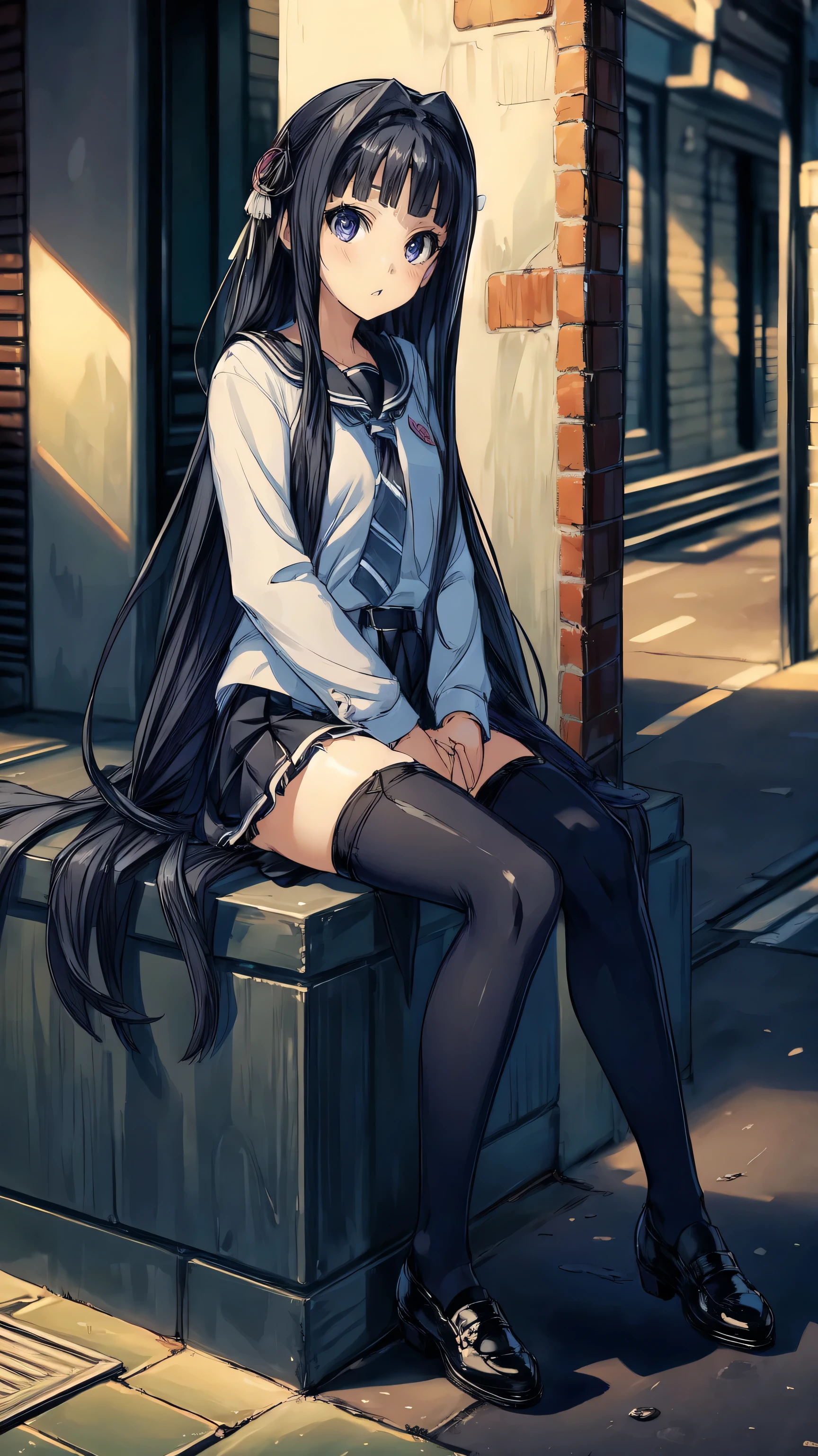 masterpiece, best quality, Very detailed, Ridiculous,1 girl,Exquisite facial features ,((Sefuku)), (black stockings), leg,institutional shoes, Black footwear,((cute pose)), hair accessories,sitting,lower body,