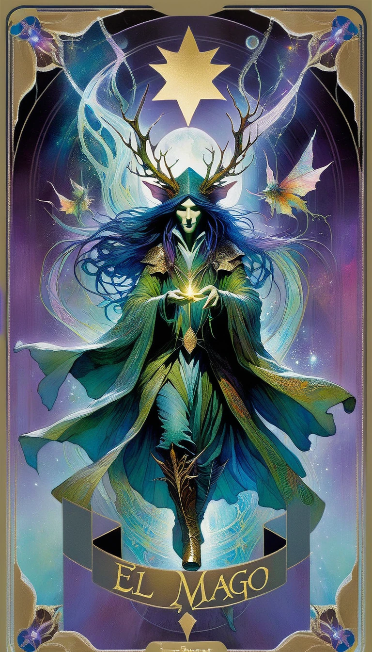 tarot card, themagician, FULL tarot card frames ((text on card: "EL MAGO")) (by Brian Froud and Carne Griffiths and Wadim Kashin, intricate details, oil) . bright colors, oil paint)