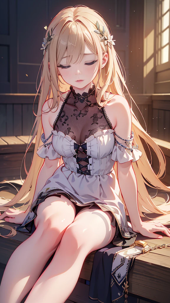 a very fragile girl, delicate girl, chains on body, handcuffs, chains on legs, girl in captivity, closed eyes, tenderness, fragility, 1girl, beautiful detailed eyes, beautiful detailed lips, extremely detailed eyes and face, longeyelashes,(best quality,4k,8k,highres,masterpiece:1.2),ultra-detailed,(realistic,photorealistic,photo-realistic:1.37),HDR,UHD,studio lighting,ultra-fine painting,sharp focus,physically-based rendering,extreme detail description,professional,vivid colors,
