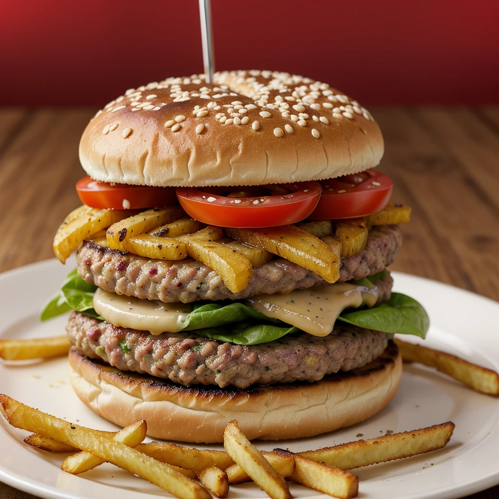 arafed hamhamburger with lettuce, tomato, and cheese on a bun with fries, hamburger on a plate, hamburger with a mouth, big juicy hamburger, super realistic food picture, cheesehamburger, hamburger with human mouth, with fries, high quality food photography, food commercial 4 k, operating on hamburgers, hamburger, ❤🔥🍄🌪, delicioso hamburger com sementes de gergelim
