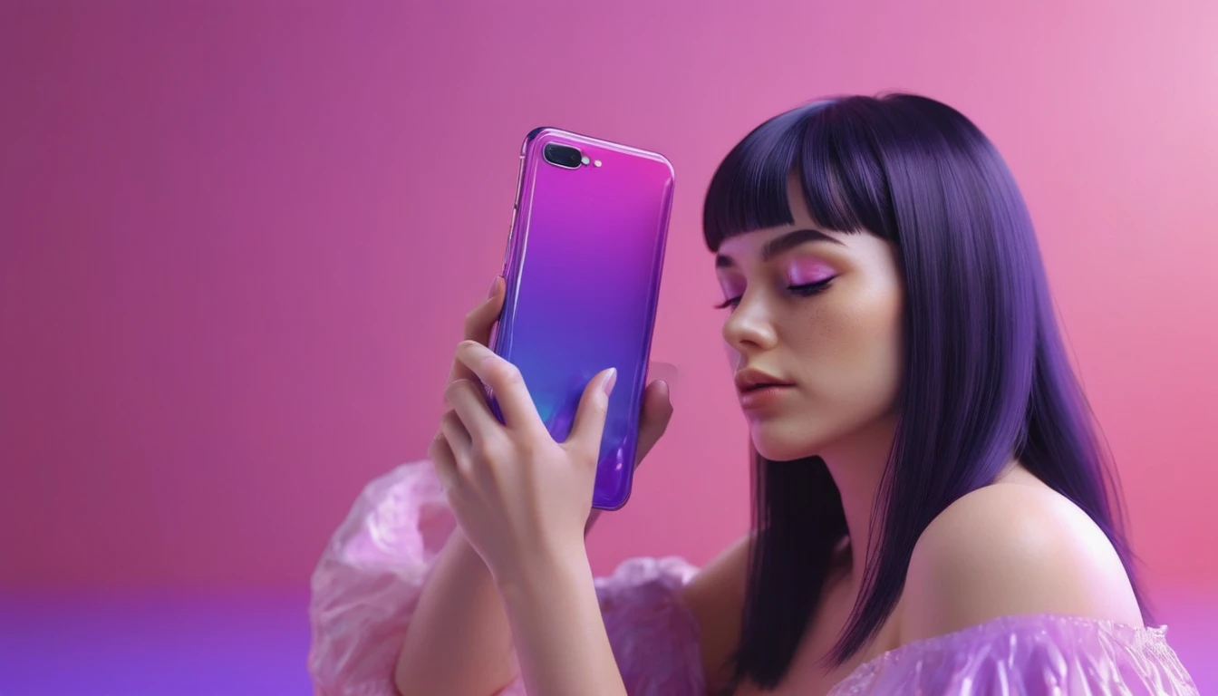 smartphone in her hand, blackhair female hands holding dildo to her face, that is glowing with pink and purple colours, dripping wet, closeup macro photo, minimalistic, in a light purple and pink style, with soft edges and blurred details, in the toycore style, with a 3D render, on a colorful background, with a minimalist stage design, in a surreal style, with a cinema4D rendering, with a minimalist style, with low saturation, using gradient colors, with a cinema4D rendering, with a blender rendering, with super detail, at a super high resolution, at a super high definition
