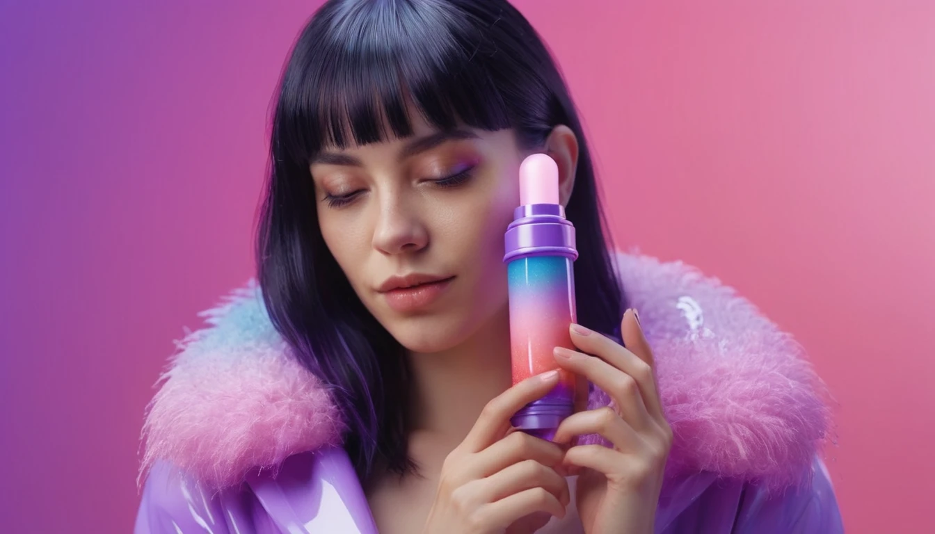 smartphone in her hand, blackhair female hands holding dildo to her face, that is glowing with pink and purple colours, dripping wet, closeup macro photo, minimalistic, in a light purple and pink style, with soft edges and blurred details, in the toycore style, with a 3D render, on a colorful background, with a minimalist stage design, in a surreal style, with a cinema4D rendering, with a minimalist style, with low saturation, using gradient colors, with a cinema4D rendering, with a blender rendering, with super detail, at a super high resolution, at a super high definition
