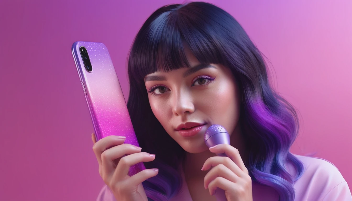 smartphone in her hand, blackhair female hands holding dildo to her face, that is glowing with pink and purple colours, dripping wet, closeup macro photo, minimalistic, in a light purple and pink style, with soft edges and blurred details, in the toycore style, with a 3D render, on a colorful background, with a minimalist stage design, in a surreal style, with a cinema4D rendering, with a minimalist style, with low saturation, using gradient colors, with a cinema4D rendering, with a blender rendering, with super detail, at a super high resolution, at a super high definition
