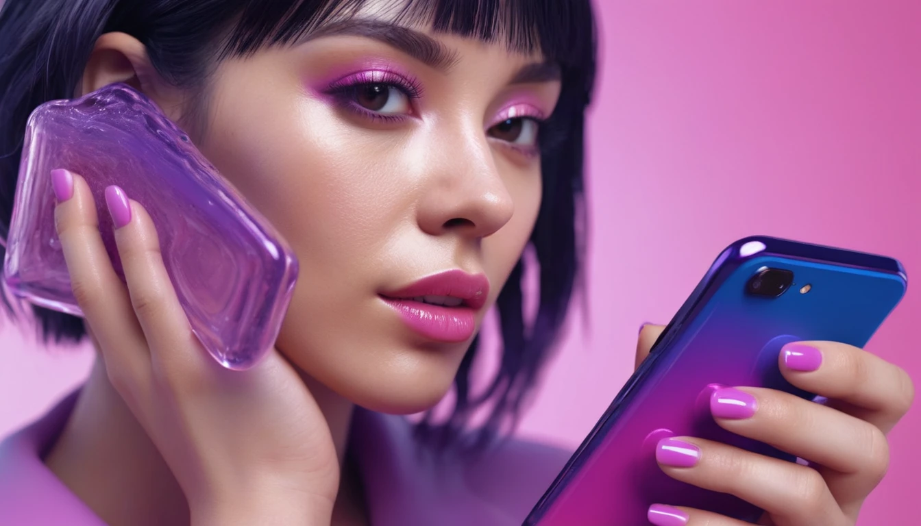 smartphone in her hand, blackhair female hands holding dildo to her face, that is glowing with pink and purple colours, dripping wet, closeup macro photo, minimalistic, in a light purple and pink style, with soft edges and blurred details, in the toycore style, with a 3D render, on a colorful background, with a minimalist stage design, in a surreal style, with a cinema4D rendering, with a minimalist style, with low saturation, using gradient colors, with a cinema4D rendering, with a blender rendering, with super detail, at a super high resolution, at a super high definition