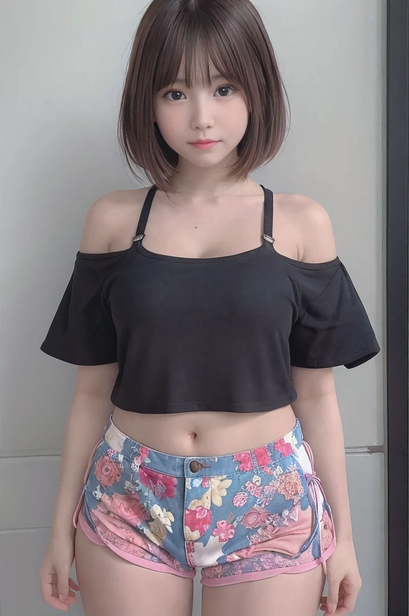 Picture taken from the front, with the left and right sides equally spaced, equally spaced left and right, cowboy shot, (arms behind back), One girl, very short hair, camisole, shorts