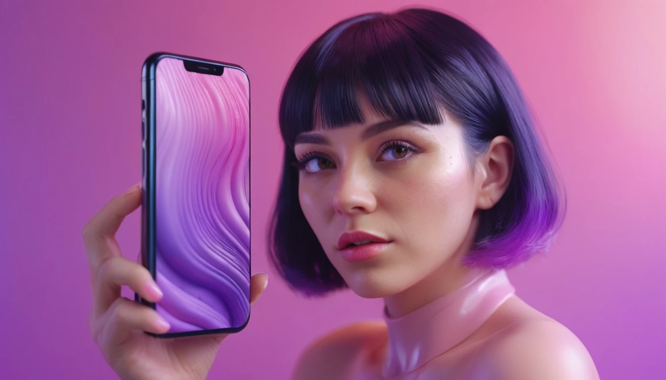 smartphone in her hand, blackhair female hands holding dildo to her face, that is glowing with pink and purple colours, dripping wet, closeup macro photo, minimalistic, in a light purple and pink style, with soft edges and blurred details, in the toycore style, with a 3D render, on a colorful background, with a minimalist stage design, in a surreal style, with a cinema4D rendering, with a minimalist style, with low saturation, using gradient colors, with a cinema4D rendering, with a blender rendering, with super detail, at a super high resolution, at a super high definition
