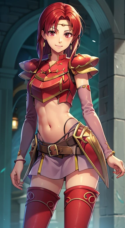 masterpiece, Highest quality,masterpiece, Highest quality, Lady, Circlet, Earrings, armor, Elbow hand pockets,Thigh-high boots, Highest quality, smile, Are standing, Lance, abdomen, abdomen, Long and thin navel,Thighs