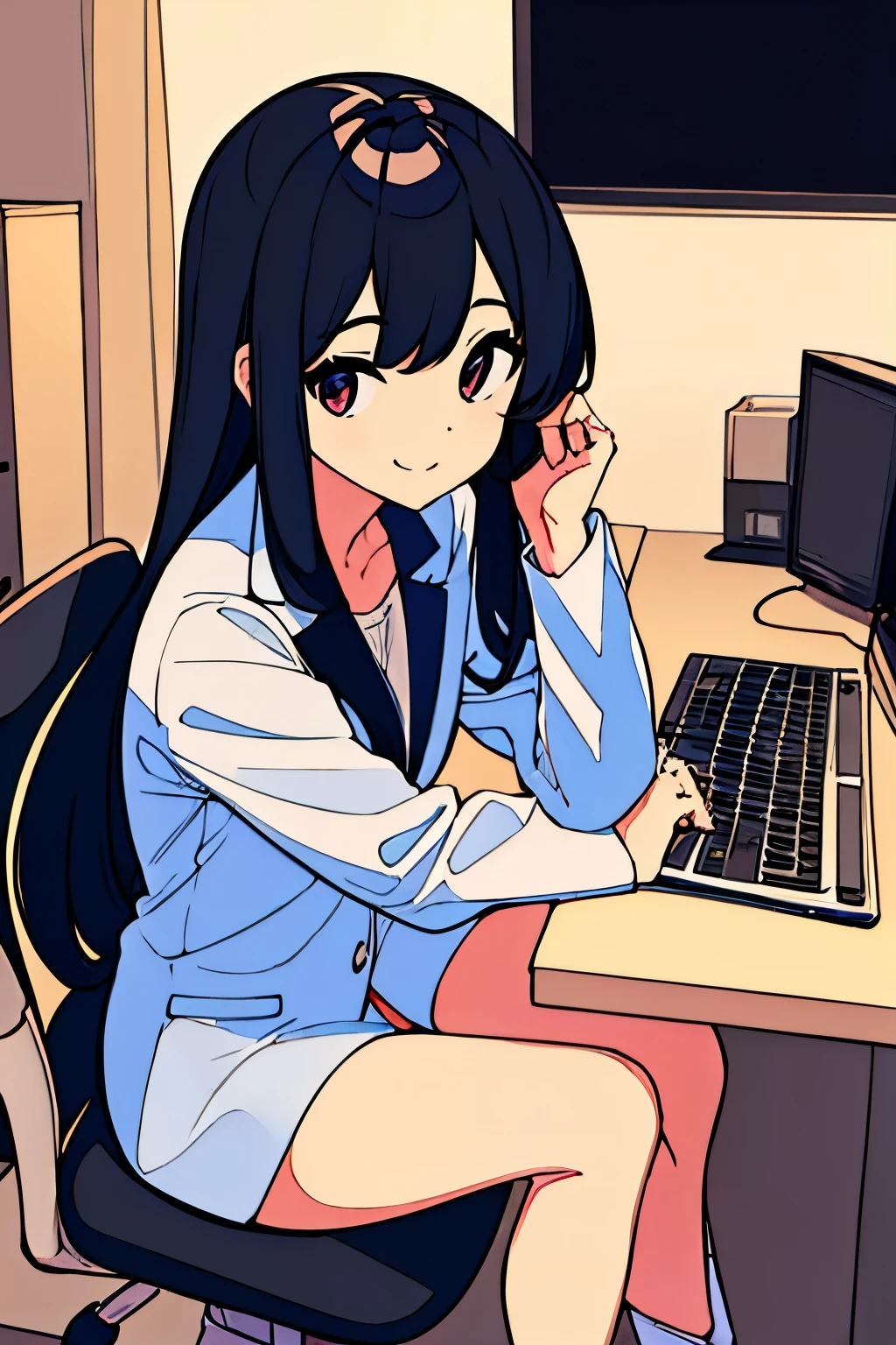(masterpiece), best quality, A woman wearing a suit、I use a computer in the office、smile、Sitting、Long Hair、Black Hair、Monochrome