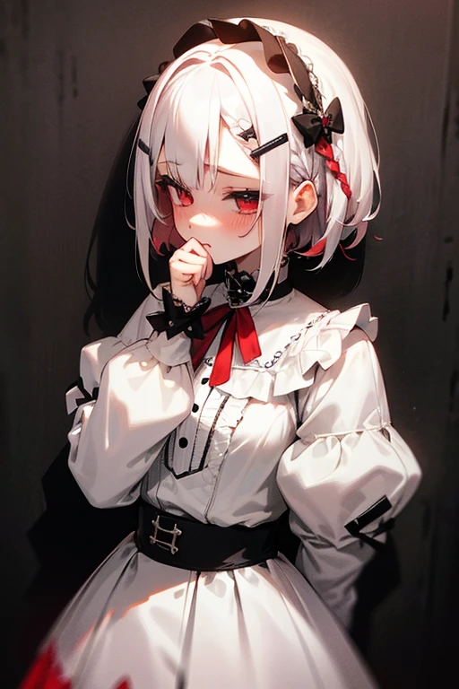 Short white hair, blush, Gothic Lolita、Punk Fashion、Headbang 2.、White and red clothes、Braiding、2 hair clips、